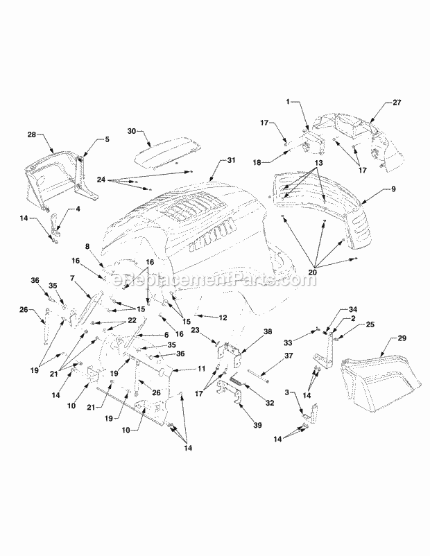 Hood With Louvers, Grill & Panels Diagram and Parts List for 5254E 54AE542-710, 54BE542-710, 54CE542-710 Cub Cadet Lawn Tractor
